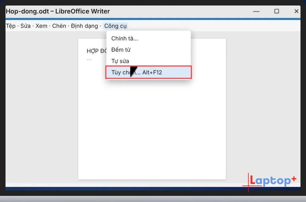 Mở menu Công cụ › Tùy chọn trong LibreOffice Writer