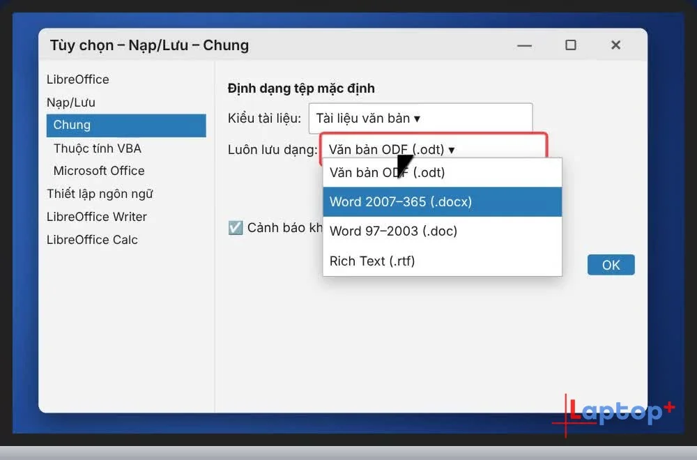 Mục Định dạng tệp mặc định trong Nạp/Lưu › Chung