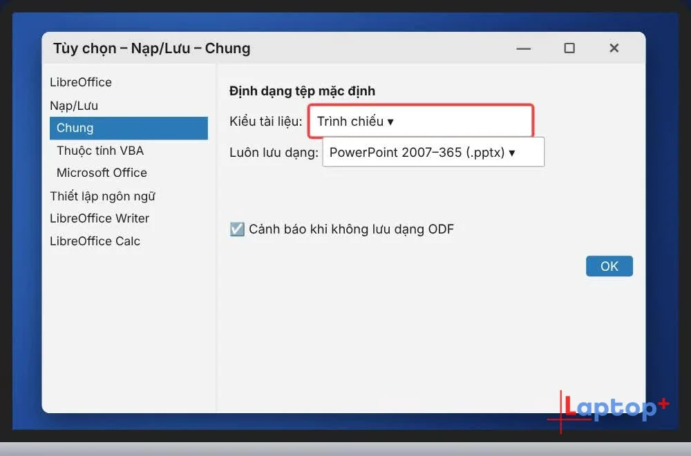 Đặt Calc lưu .xlsx và Impress lưu .pptx