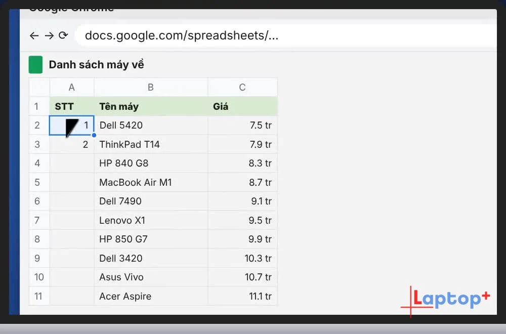 Gõ số 1 và 2 vào hai ô đầu trong Google Sheets