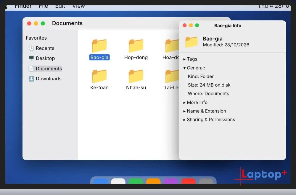 Bấm Command I mở bảng Get Info của thư mục