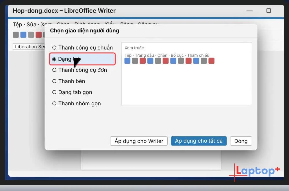 Chọn Dạng tab trong hộp thoại Giao diện người dùng