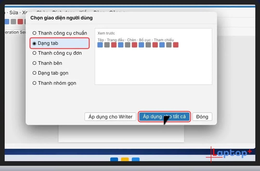 Bấm Áp dụng cho tất cả để Writer, Calc, Impress cùng đổi