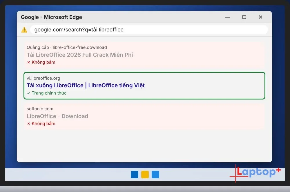 Kết quả tìm kiếm tải LibreOffice, tránh quảng cáo và trang crack
